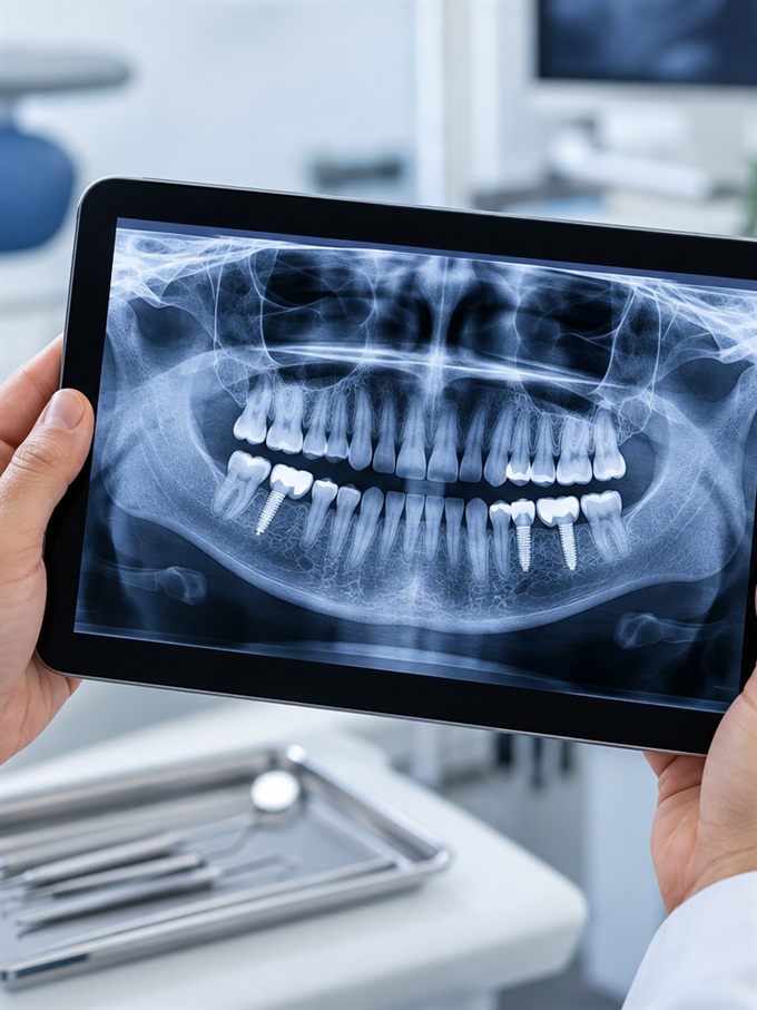 Radiographie panoramique dentaire affichée sur une tablette en cabinet